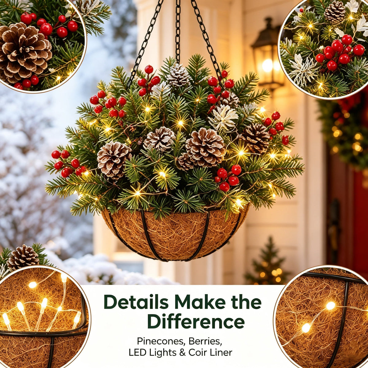 🎄 Last Day 50% OFF🏆Pre-Lit Christmas Hanging Basket |🎄 Pre-lit, weather-resistant, and zero maintenance（upsell）